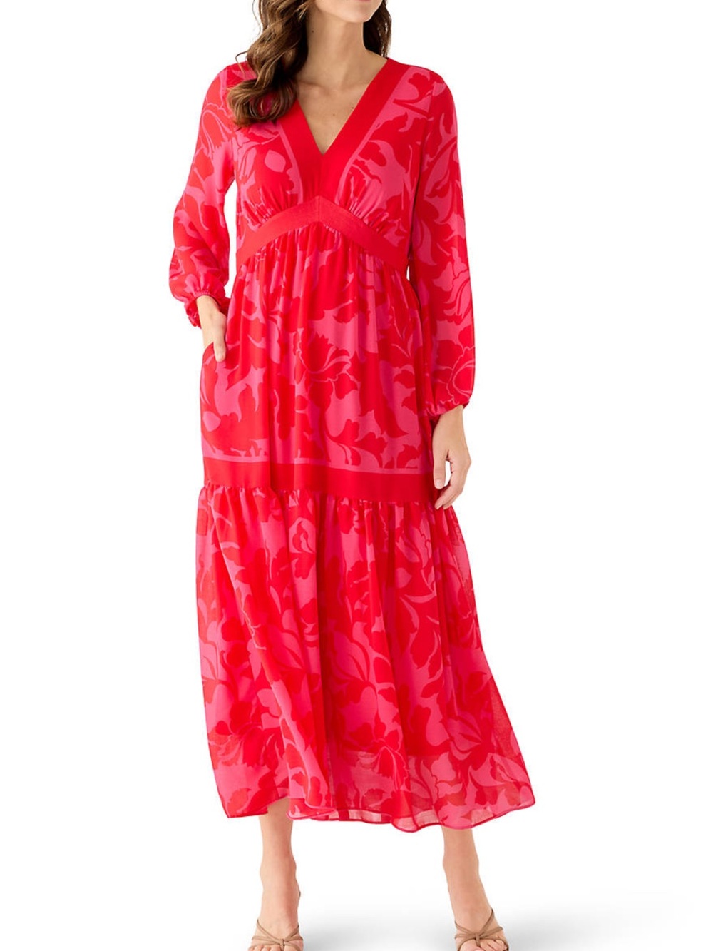 Taylor Women's Three-Quarter V-Neck Printed Chiffon Maxi Dress